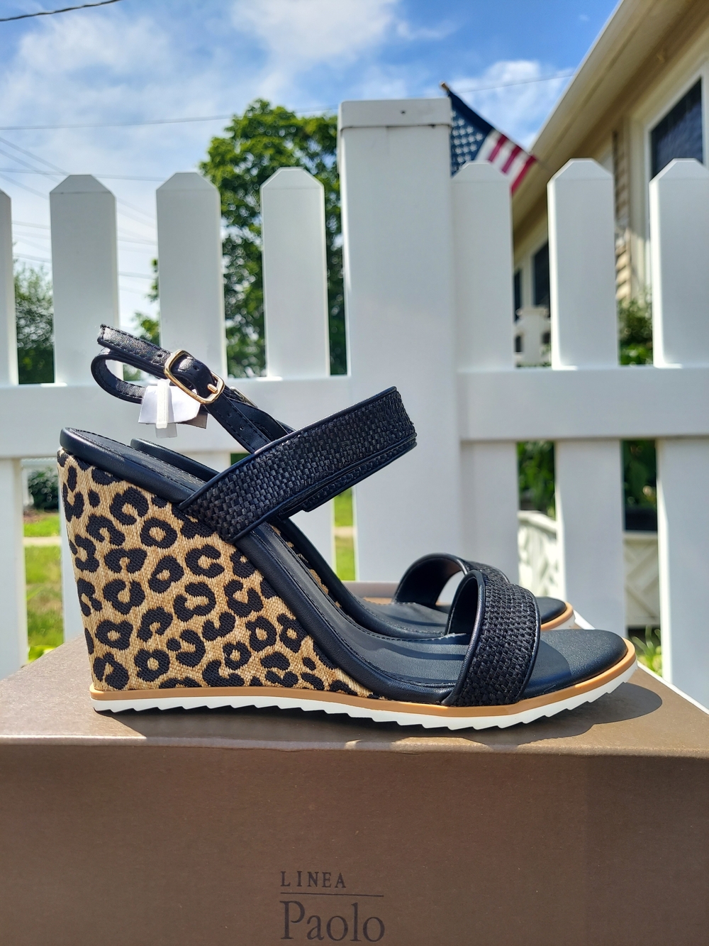 Linea Paolo Black Leopard Print Wedge Sandals Women Size 8.5 NWT Preppy Coquette